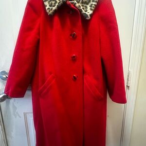 Red Women's Coat with Leopard Print Collar